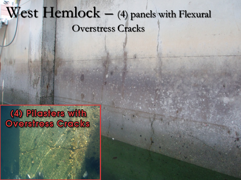 West Hemlock –  4 panels with Flexural Overstress Cracks; 4 Pilasters with Overstress Cracks